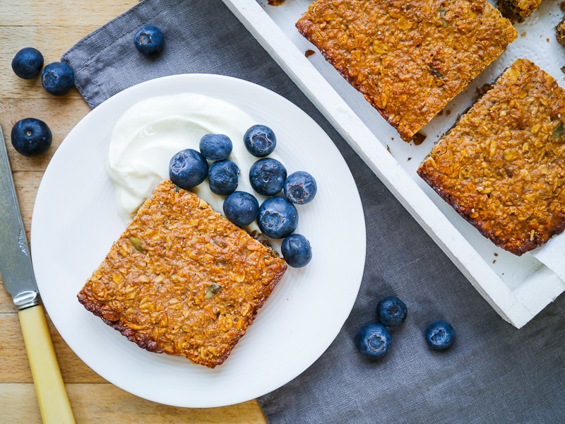 Oat, Apple & Walnut Protein Flapjacks - the perfect healthy snack, gluten free and refined sugar free, with a simple vegan option too!