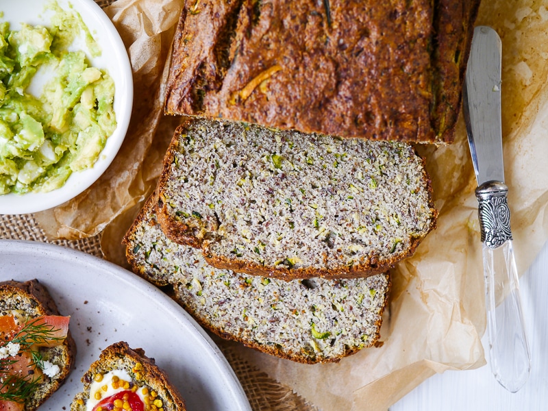 Grain free zucchini bread; made with coconut flour and flaxseed, this is a paleo friendly, gluten free, dairy free, high protein recipe. It's also nut free!