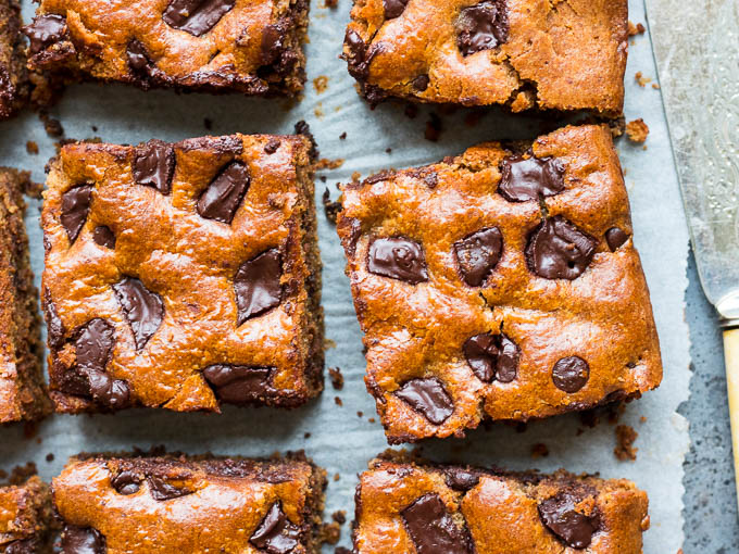 These easy blender chocolate almond butter bars are studded with dark chocolate chunks. Gluten free, grain free (paleo) and dairy free, a healthier dessert or indulgent snack!