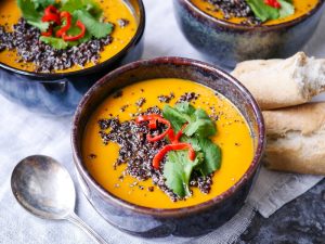 Spiced sweet potato and capsicum soup is healthy and warming. Roasted vegetables and delicious spices combine in this easy gluten free, dairy free meal. Recipe at wordpress-6440-15949-223058.cloudwaysapps.com